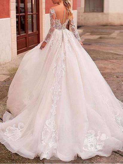 Affordable A-Line Wedding Dress Tulle Lace Long Sleeves Bridal Gowns On Sale_2