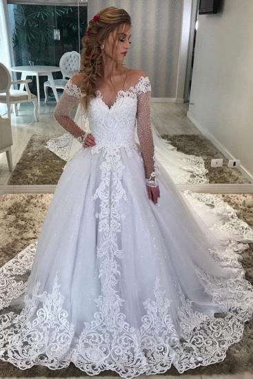 Elegant Long Sleeves Off Shoulder V-Neck White/Ivory Wedding Dress with Floral Appliques_1