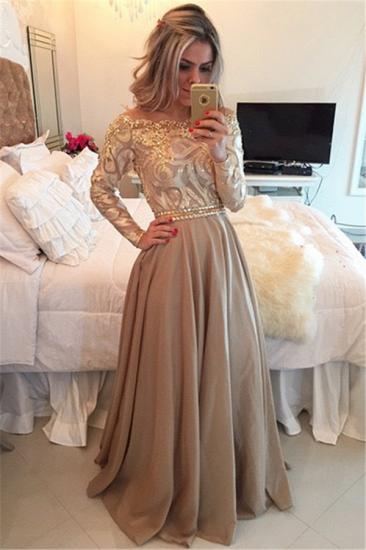 Long Sleeve Champagne Gold Prom Dresses 2022 Cheap Appliques Sheer Back Evening Gown BMT