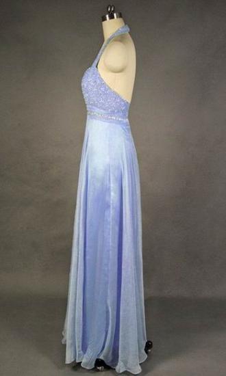 Latest Crystal Halter Chiffon Long Prom Dress with Beadings Popular Backless Plus Size Evening Dresses_2
