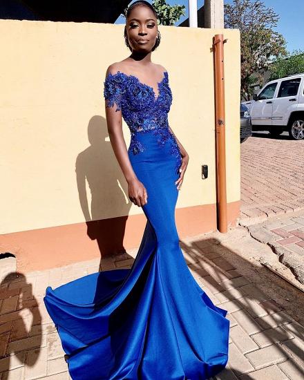 Royal Blue Off-the-shoulder Mermaid Prom Dresses with Lace Appliques and Chapel Train_2
