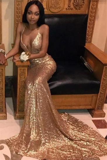 Sexy V-neck Gold Sequin Prom Dress 2022 | Spaghetti Straps Long Train Sparkling Evening Dress