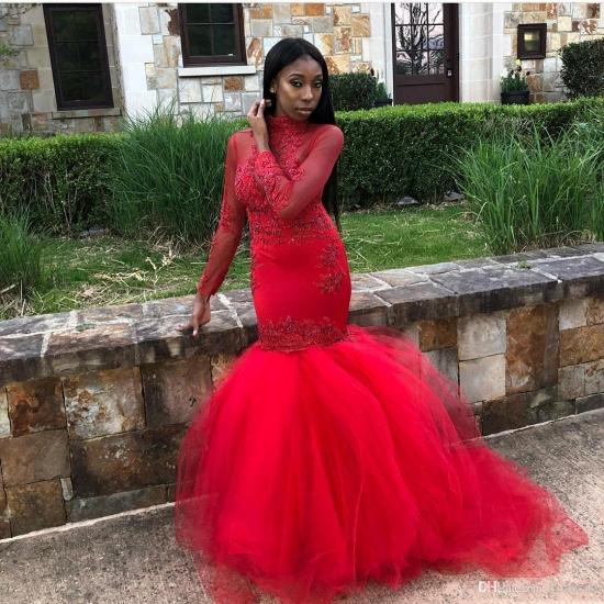 Red Tulle High-Neck Prom Dresses | Cheap Mermaid Long-Sleeves Evening Gowns_3