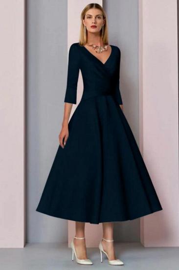 A-Line Mother of the Bride Dress Vintage Plus Size Tea Length Satin 3/4 Length Sleeve_2