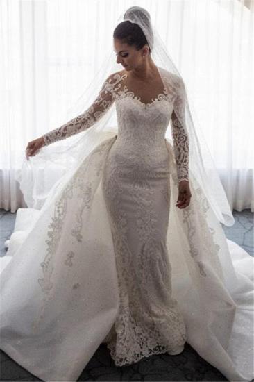 Gorgeous Mermaid Lace Wedding Dress with Sleeves | Bowknot Detachable Overskirt Bride Dress_1