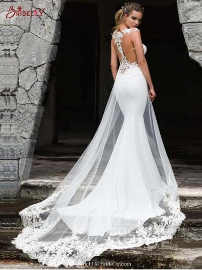 Graceful Sleeveless Lace Appliques Tulle White Mermaid Wedding Dresses_2