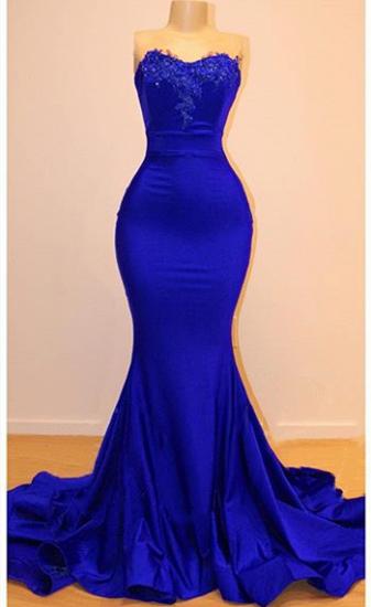 Strapless Open Back Royal Blue Prom Dress Cheap | Mermaid Lace Applqiues Sexy Formal Dresses