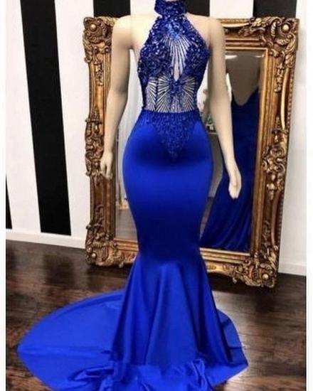 Royal Blue Halter Sleeveless Lace Beading Mermaid Long Prom Dresses_2