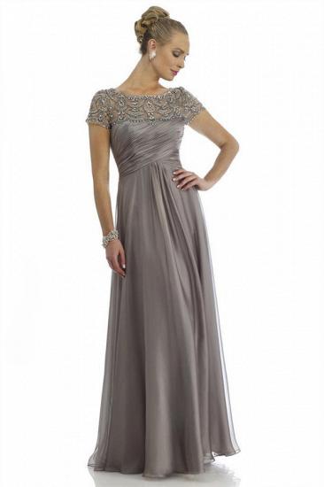 Short Sleeve Grey Long Mother Dress A-Line Crystal Chiffon Evening Gowns_6