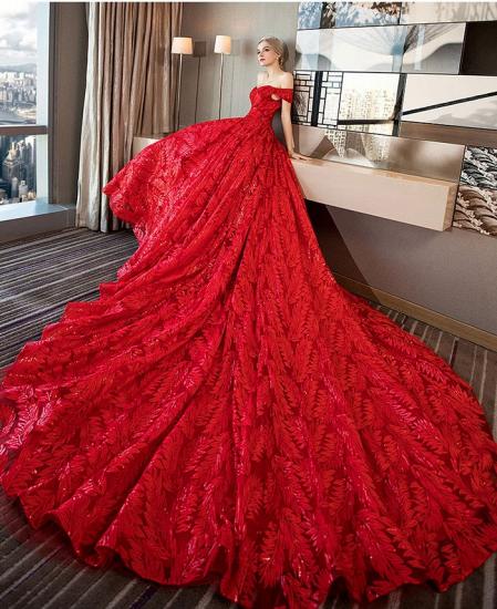 Off Shoulder Red Floral Lace Wedding Party Dress with Sweep Train_4