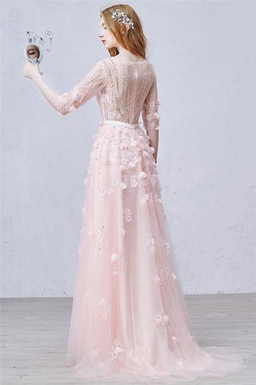 Niedliches rosafarbenes Blumen-Abendkleid mit halben Ärmeln und Perlenstickereien mit V-Ausschnitt und Bowknot-Tüll-Abendkleidern_2