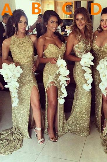 Sexy Gold Sequins Bridesmaid Dresses Side Slit Sparkly Wedding Party Dress_3
