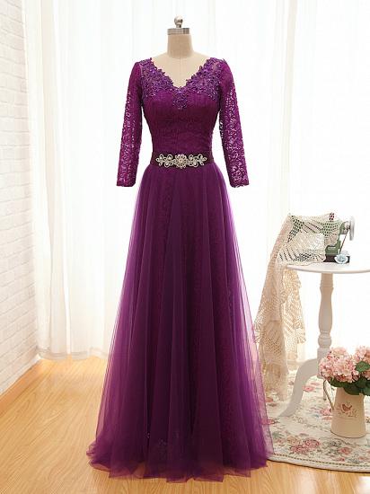 V-Ausschnitt lila Langarm Kleid für die Brautmutter Pailletten Spitze formelles Abendkleid