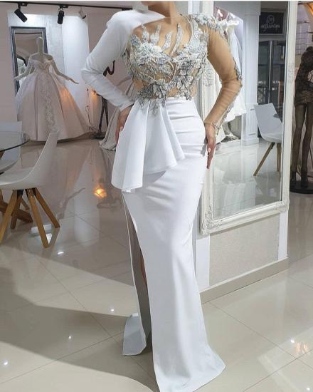 Long sleeves illusion neck white prom dress with high split_2