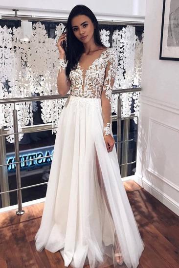 V-neck Appliques Long Sleeve A-line Wedding Dresses | Side Split Pleated Tulle Bridal Gowns_1