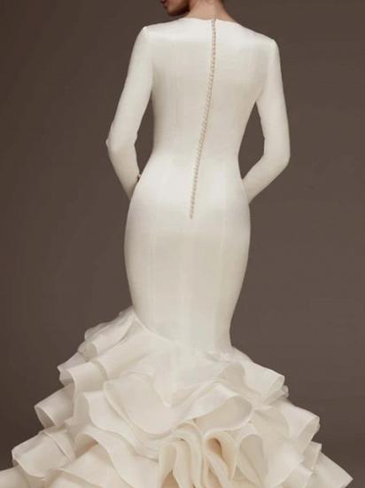 Modernes, elegantes Meerjungfrau-Hochzeitskleid mit V-Ausschnitt, Satin, langen Ärmeln, Plus-Size-Brautkleidern mit Sweep-Zug_2