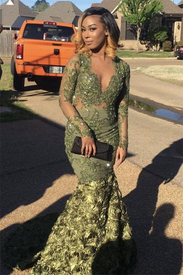 2022 Prom Dresses with Long Sleeves | Green Mermaid V-Neck Evening Dresses_1