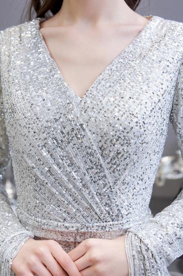 Elegant Sparkle Sequined Burgundy Long sleeve V-neck Mermaid Long Prom Dress_13