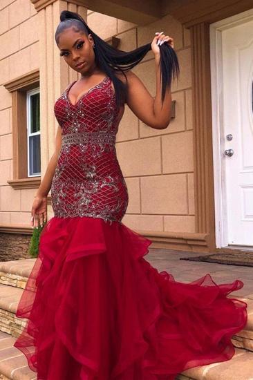 Chic V-Neck Appliques Evening Gowns Mermaid Pufft Sweep Train Prom Dress