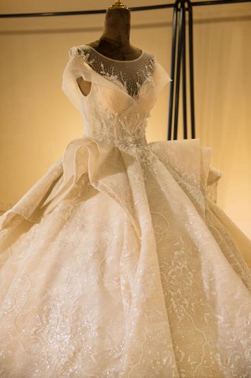 Elegant Illusion neck Cap Sleeve Appliques Tulle A-line Princess Wedding Dress_6