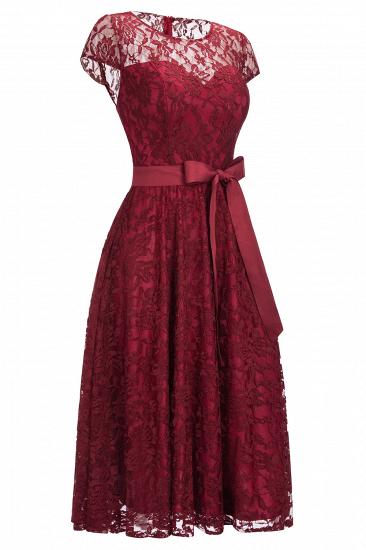 Burgundy Lace Short Sleeves A-line Dresses with Bow_6