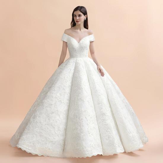 Off Shoulder Floor Length Bridal Gowns Lace Appliques Chapel Train Wedding Dress_7