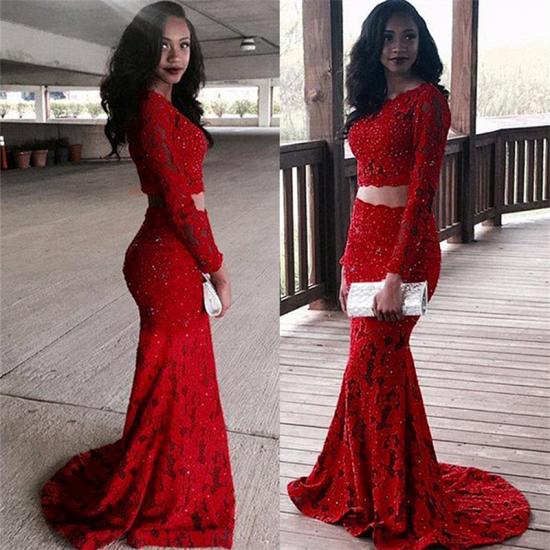 Two Piece Lace Sexy Prom Dresses 2022 | Red Long Sleeve Beads Sequins Evening Gown_3