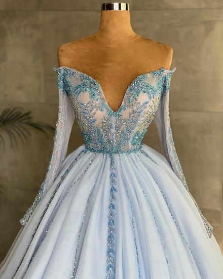 Gorgeous Sweetheart Long Sleeves Princess Party Dress Sky Blue Beadings Floral Lace Appliques_2