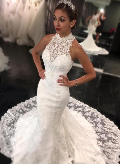 Newest High-Neck Lace Mermaid Sleeveless Sweep-Train Wedding Dress