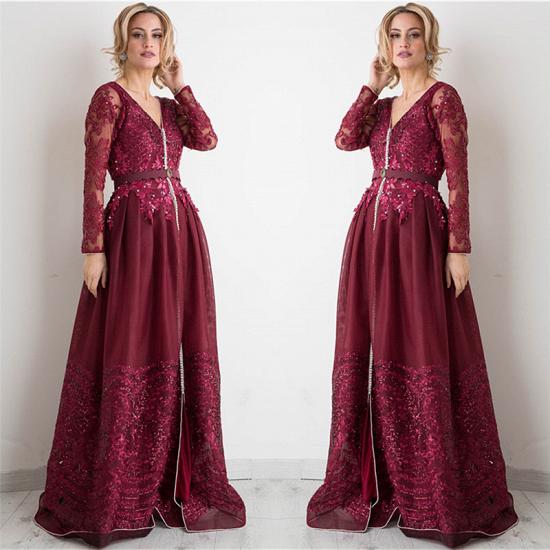 Burgundy Long Sleeve Evening Dress 2022 V-neck Beads Lace Appliques Popular Prom Dresses_4