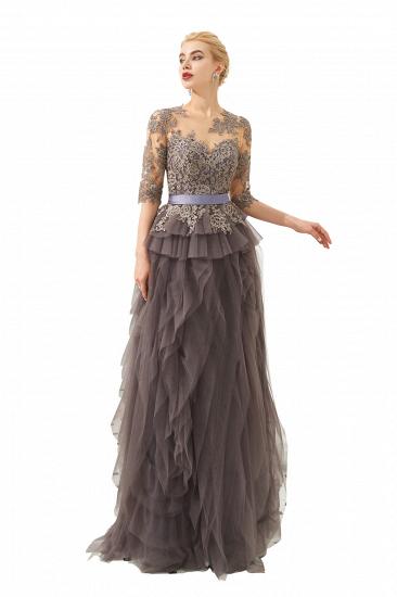 Modest Long Sleeve Gray Mother of the bride Dress with flowing Ruffles | Elegant Illusion neck Evening Dress_10