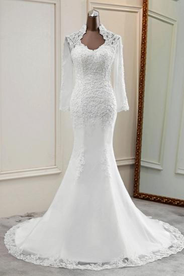 TsClothzone Elegant Long Sleeves Lace Mermaid Wedding Dresses Appliques White Bridal Gowns with Beadings_2