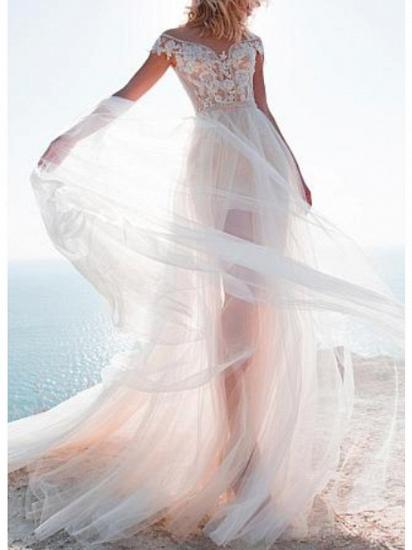 A-Line Wedding Dress Jewel Lace Tulle Cap Sleeve Bridal Gowns Sweep Train