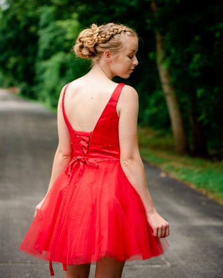 Simple V Neck Straps Red Homecoming Dress | A Line Tulle Sleeveless Beading Short Cocktail Dress_2
