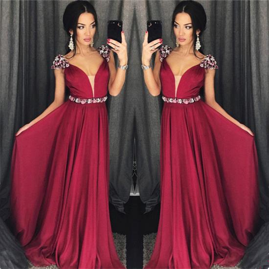 Cap Sleeves Crystals Burgundy Evening Dresses 2022 Chiffon V-neck Sexy Prom Dress with Belt_3