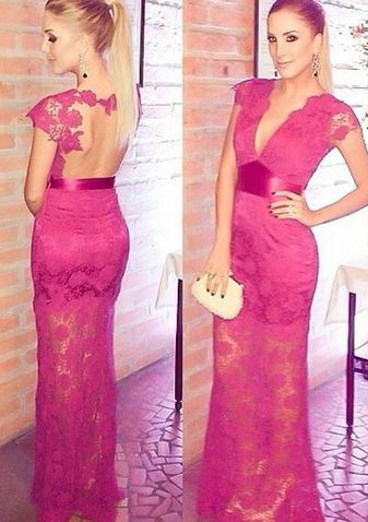 Sexy Deep V-Neck Fuchsia Lace Evening Gown Short Sleeve Empire Open Back Party Dresses_1