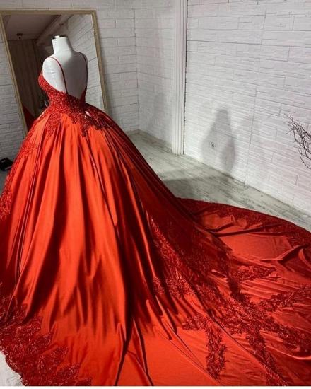 Charming Spaghetti Straps V-Neck Aline Wedding Dress Orange Floral Appliques_2