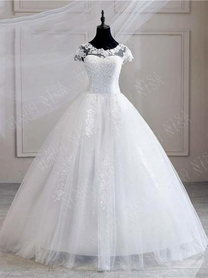 Short Sleeves Sweetheart Tulle White Lace Appliques Ball Gown Wedding Dresses_1
