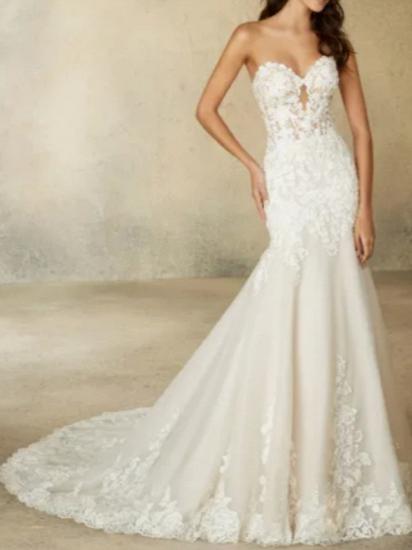 Formal A-Line Wedding Dress Sweetheart Tulle Strapless Plus Size Bridal Gowns with Court Train_2