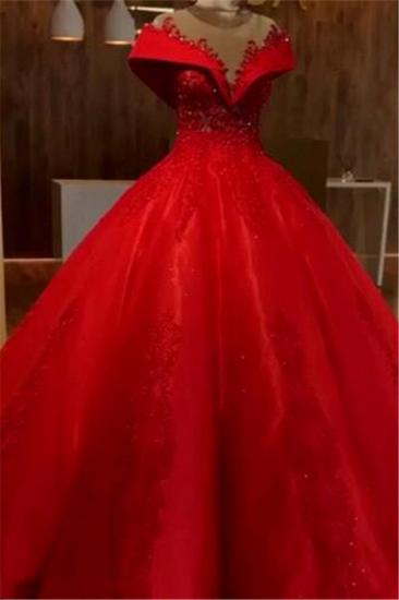 Scarlet Off The Shoulder Quinceanera Dresses | Lace Crystal Puffy Ball Gown Evening Dress_1