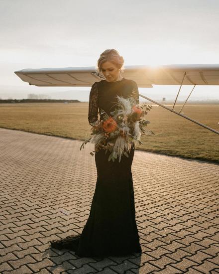 Sexy schwarzes langes Meerjungfrau-Hochzeitskleid mit langen Ärmeln Rundhals-Brautkleid_3