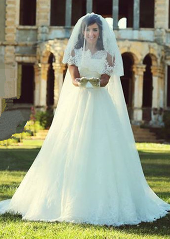 A-Linie elegantes weißes Spitze-Hochzeits-Kleid-Tulle-formaler Sweep-Zug Brautkleider nach Maß