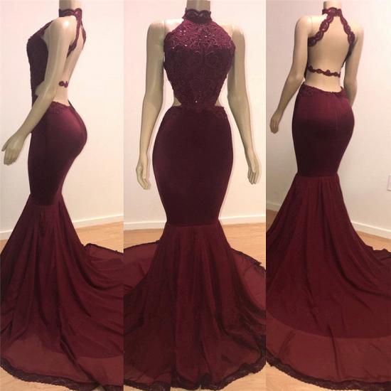 Mermaid Open Back Sexy Burgundy Prom Dresses Cheap | High Neck Lace Evening Gowns 2022_3