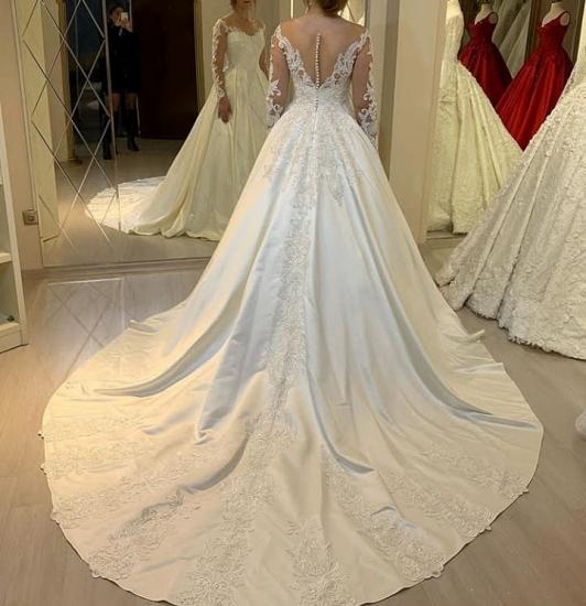 Elegant Off Shoulder Long Sleeves White Lace Satin Bridal Dress with Sweep Train_3