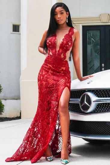 Deep V-Neck Red Prom Dress Floral Lace Appliques Split Front Party Dress
