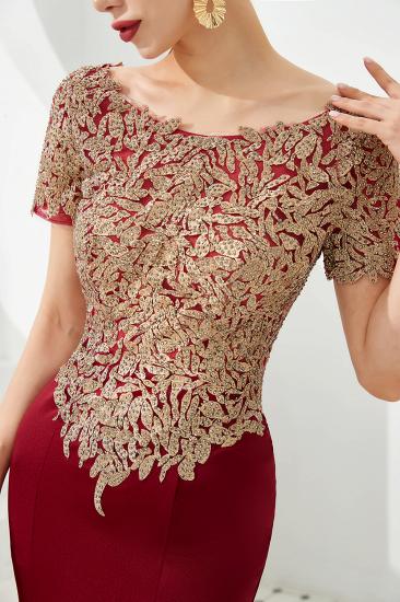 Hilary | Custom Made Short sleeves Burgundy Mermaid Prom Dress with Gold Lace Appliques_7