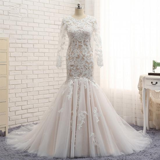 TsClothzone Elegant Longsleeves Jewel Mermaid Wedding Dresses Champagne Tulle Bridal Gowns With Appliques On Sale_6
