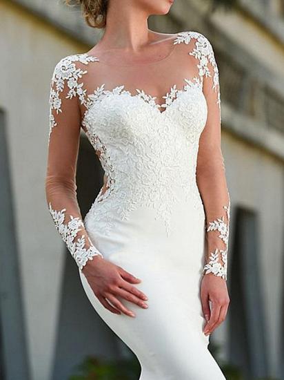 Simple Long Sleeves Tulle Jewel White Mermaid Wedding Dresses_2