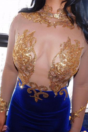 Royal blue satin mermaid prom dress with gold appliques_3