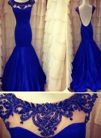 2022 royal Blue Evening Dresses Jewel Backless Long Sleeves Lace Sheer Mermaid Satin Ruffles Prom Gown_2